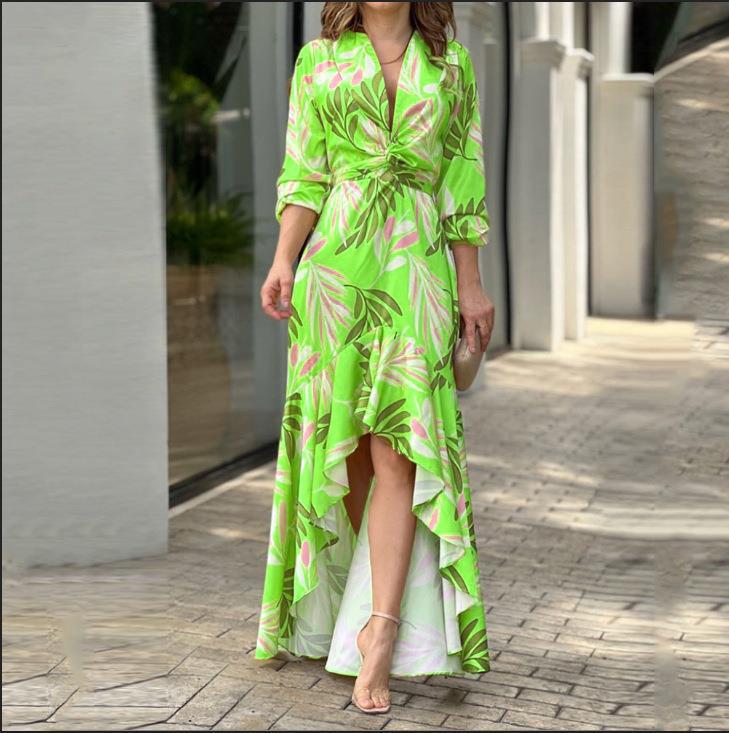 Low High Print V Neck Casual Maxi Dress