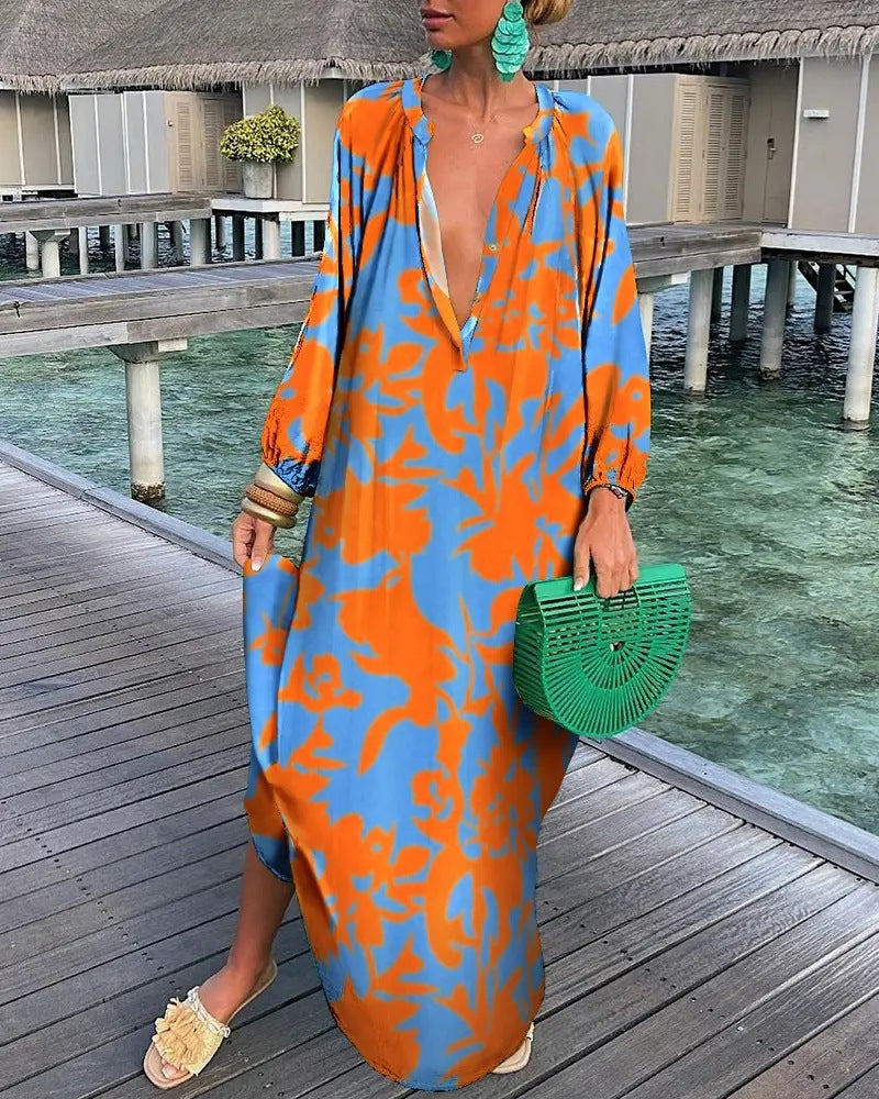 Deep V Neck Long Sleeve Color Blend Maxi Dress