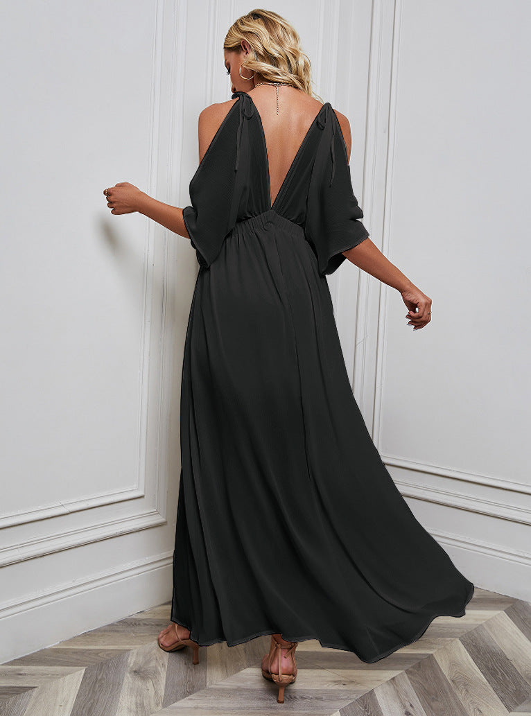 Fashion V-Neck Batwing Sleeve Side Slit Solid Maxi Dress