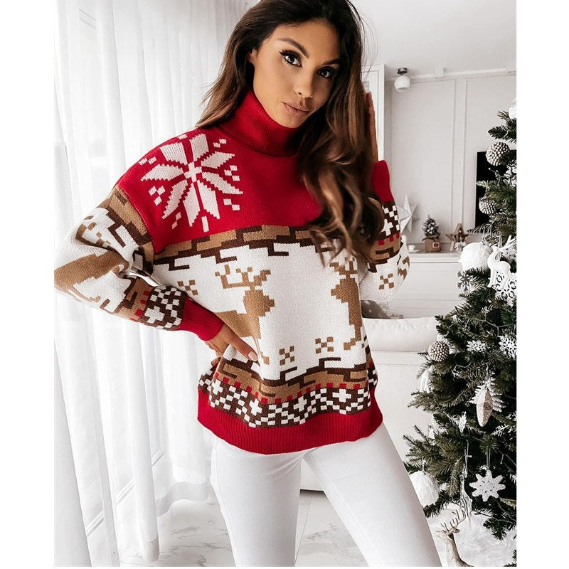 Turtle Neck Xmas Print Knitted Sweater