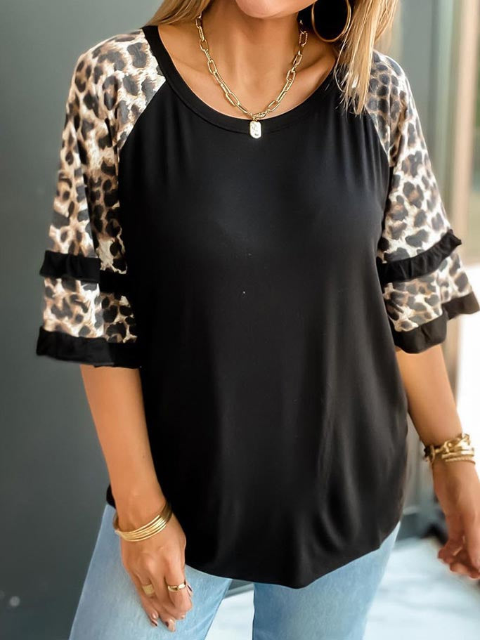 Leopard Sleeve Round Neck Loose Blouse Top