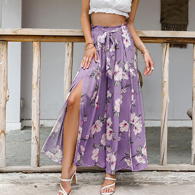 Classic Floral Solid Waist Tie Long Wide Leg Pants