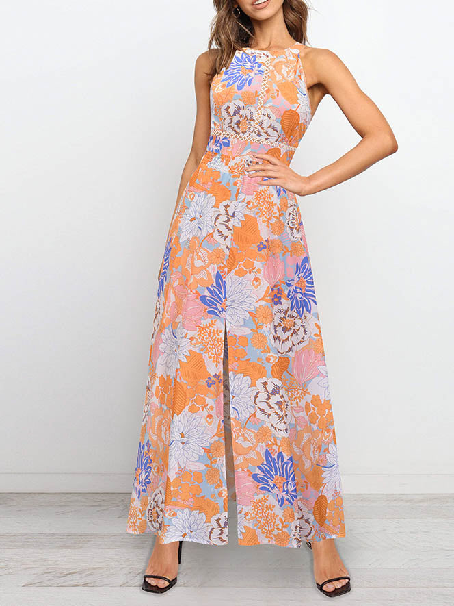 Halter Neck Cross Back SleevelessFloral Maxi Dress