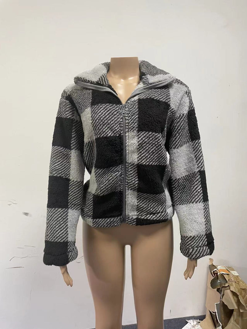 Loose Plaid Zip Up Collar Sweater Jacket