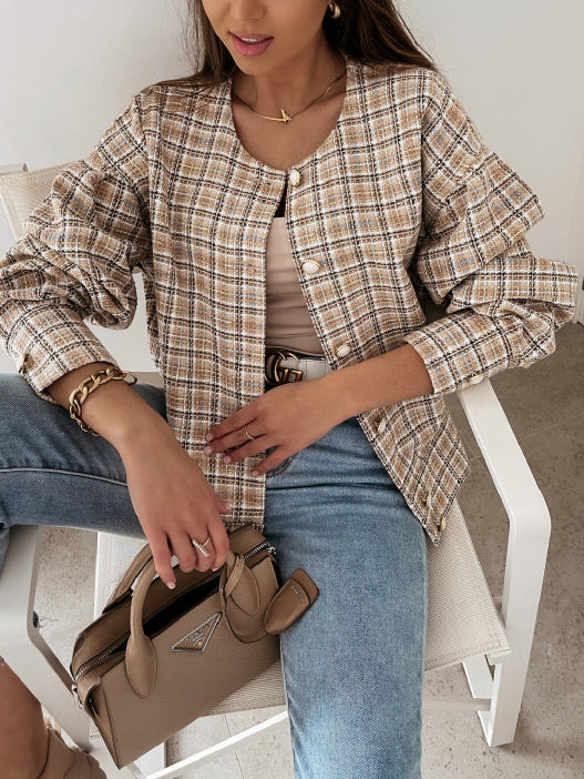 Round Neck Plaid Button Down Blouse Top