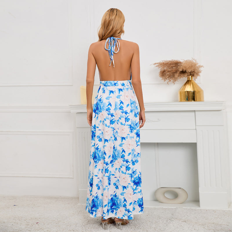 Sleeveless Backless Floral Print High Split Maxi Dress