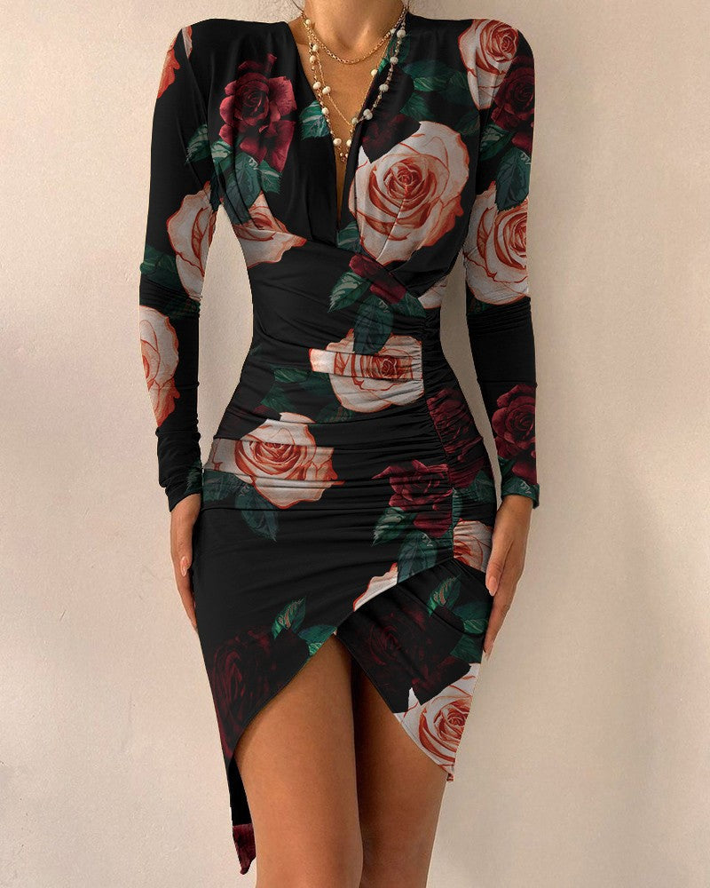 Casual V Neck Long Sleeve Bodycon Mini Dress