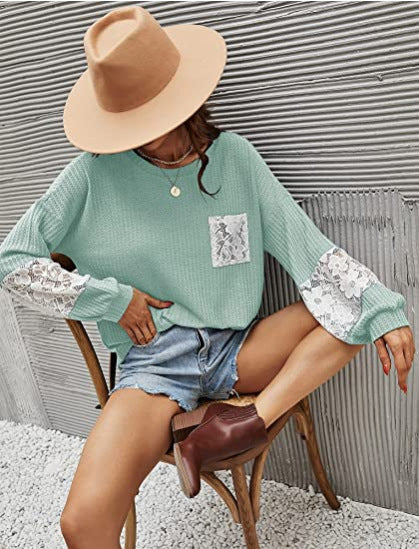 Casual Lace Pocket Round Neck Sweatshirt