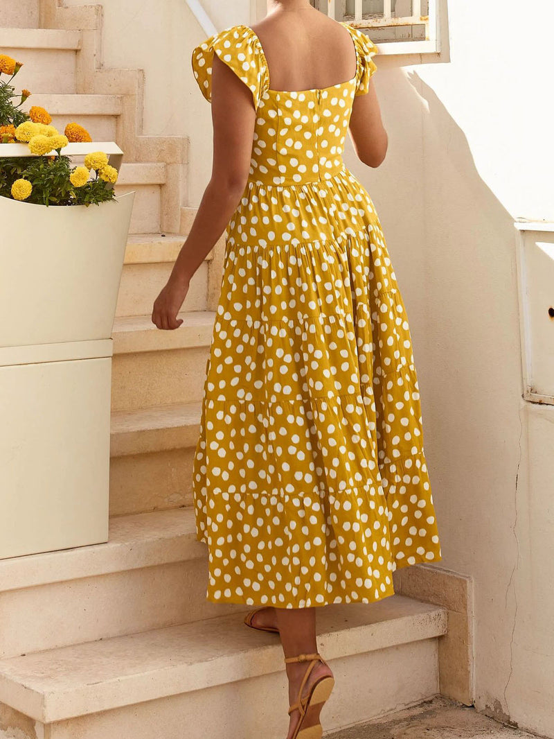 Square Neck Short Sleeve Polka Dot Flared Midi Dress