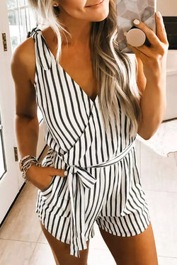 Stripe Tie Shoulder Wrap Romper