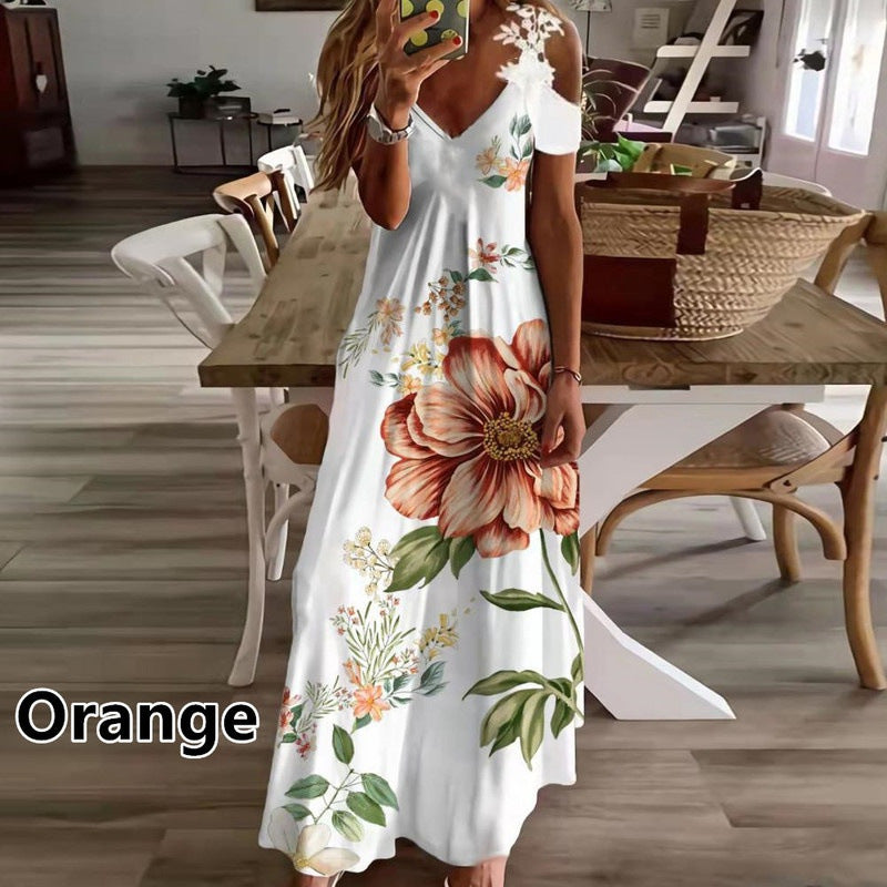 Elegant V-Neck Off Shoulder Short Sleeve Printed Maxi Dress