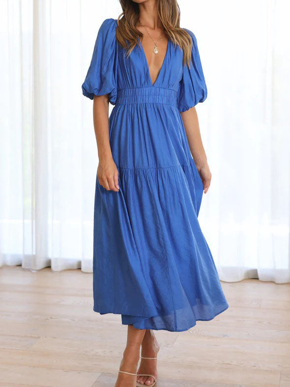 Deep V-Neck Short Sleeve Solid Color Maxi Dress