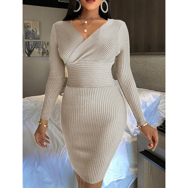 Casual V Neck Long Sleeve Bodycon Sweater Mini Dress