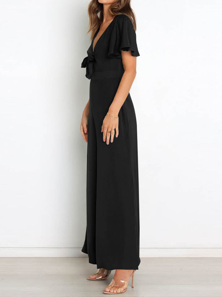 Short Sleeve Wide Leg Casual V Neck Jumpsuit