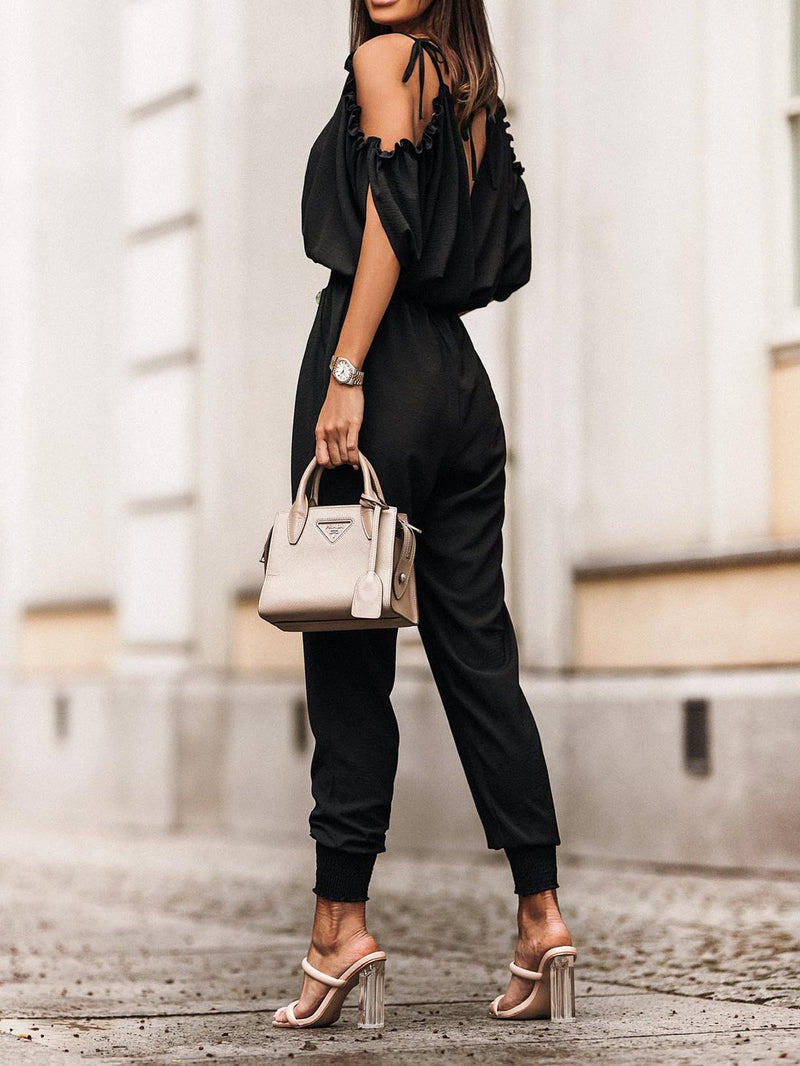 Wonderful Ideas Ruffle Cold Shoulder Jumpsuit