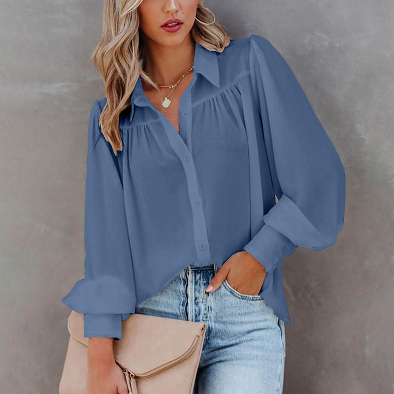 Casual V Neck Wide Long Sleeve Blouse