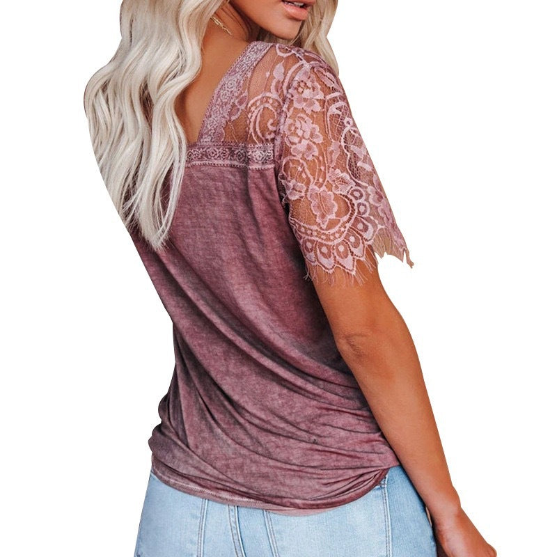 Lace Short Sleeve V Neck Top T-Shirt