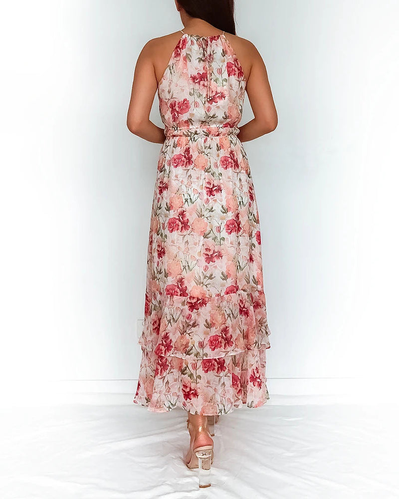 Fashion Sleeveless O-Neck Floral Printed Maxi Dress