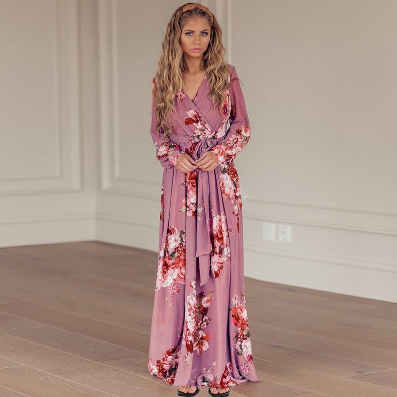 Casual V Neck Long Sleeve Loose Maxi Dress