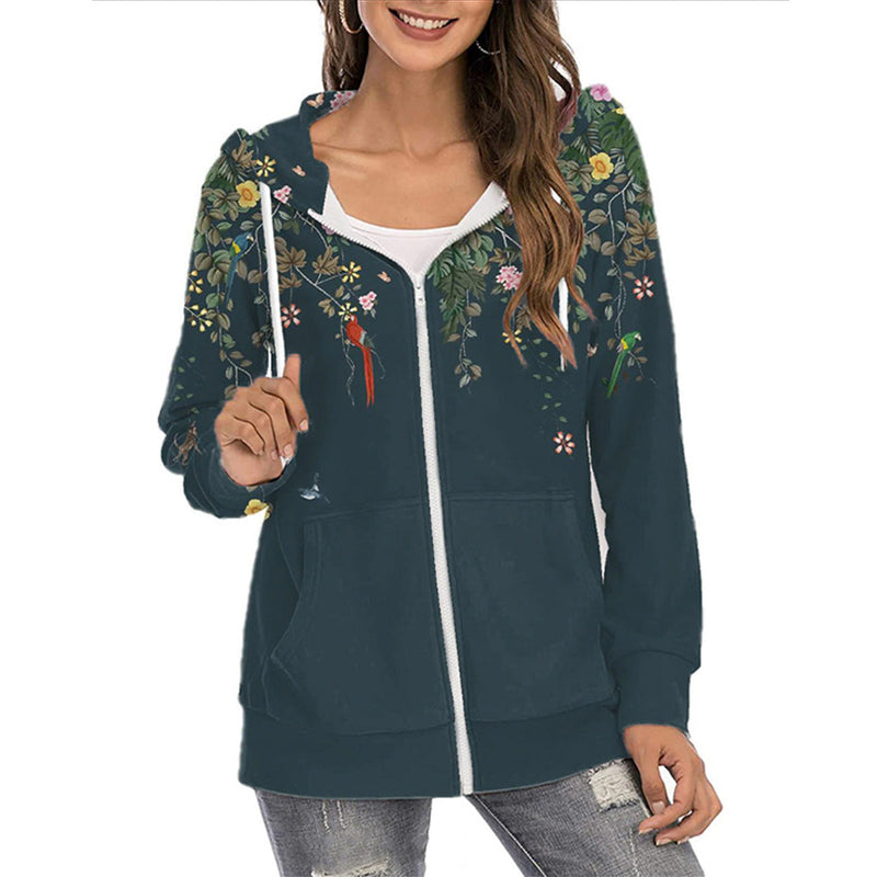 Fashion Floral Print Long Sleeve Zip Up Hoodie Sweatshirt