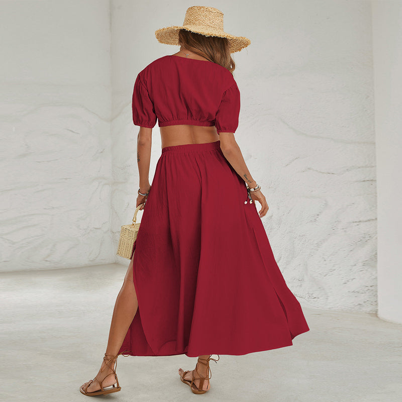 Short Sleeve O-Neck Solid Color Belted Flared Maxi Dress