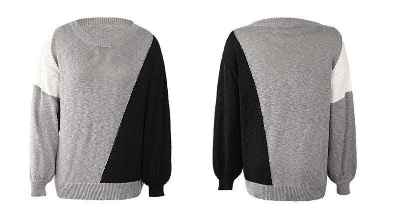 Round Neck Color Block Casual Sweater