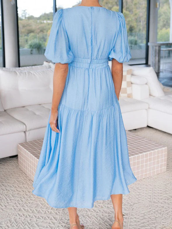 Deep V-Neck Short Sleeve Solid Color Maxi Dress