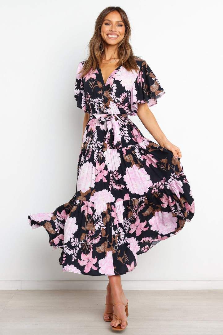 Floral V Neck Short Sleeve Maxi Dress