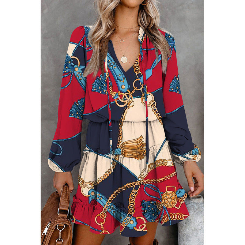 Classic Floral Long Sleeve V Neck Mini Dress