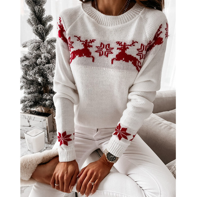 Crew Neck Xmas Print Knitted Sweater