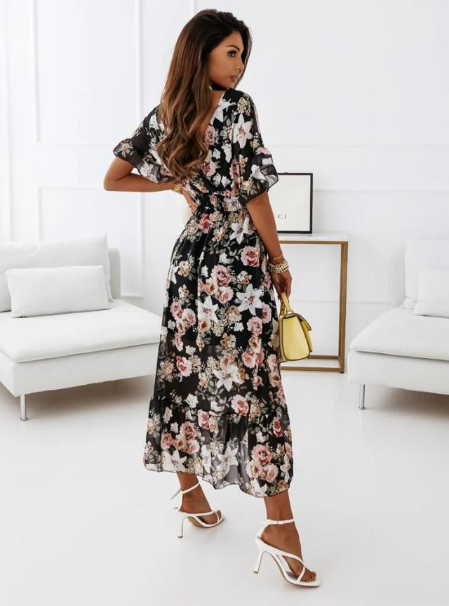 Cross V Neck Elastic Waist Floral Short Sleeve Maxi Dress