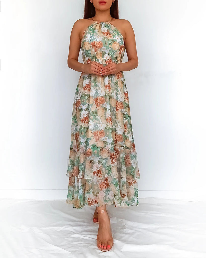 Fashion Sleeveless O-Neck Floral Printed Maxi Dress