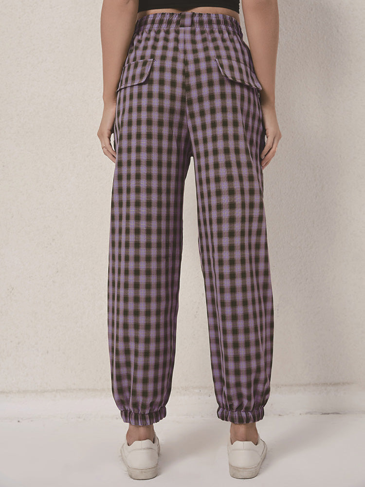 Women's Pants Check Print Elastic Waist Casual Harem Pants