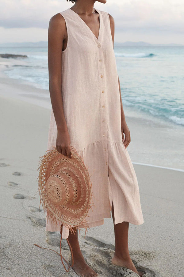 V Neck Button Sleeveless Maxi Dress