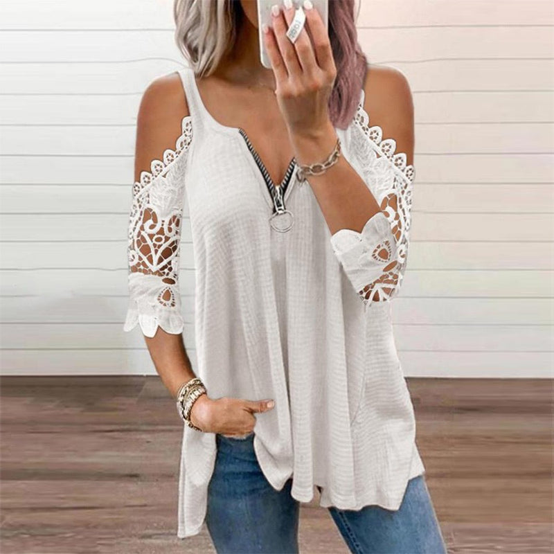 Cold Shoulder Zip Up Blouse Top