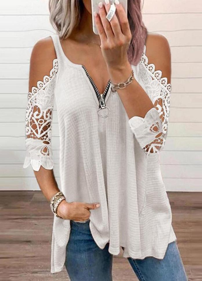 Cold Shoulder Zipper V Neck T-shirt