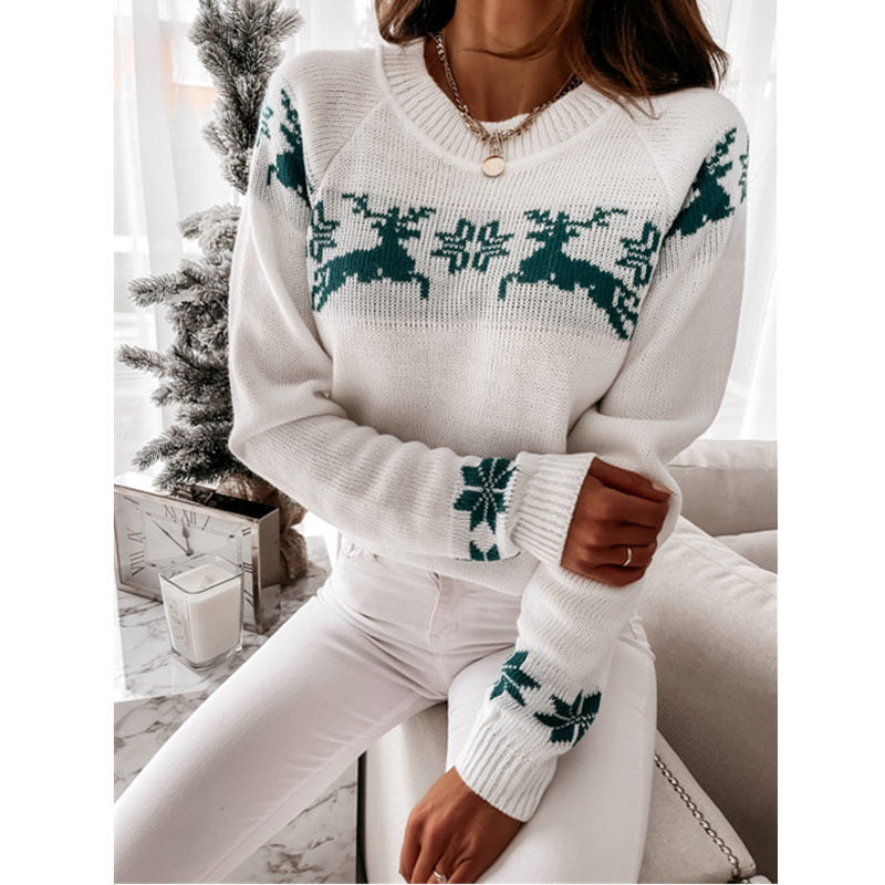 Crew Neck Xmas Print Knitted Sweater