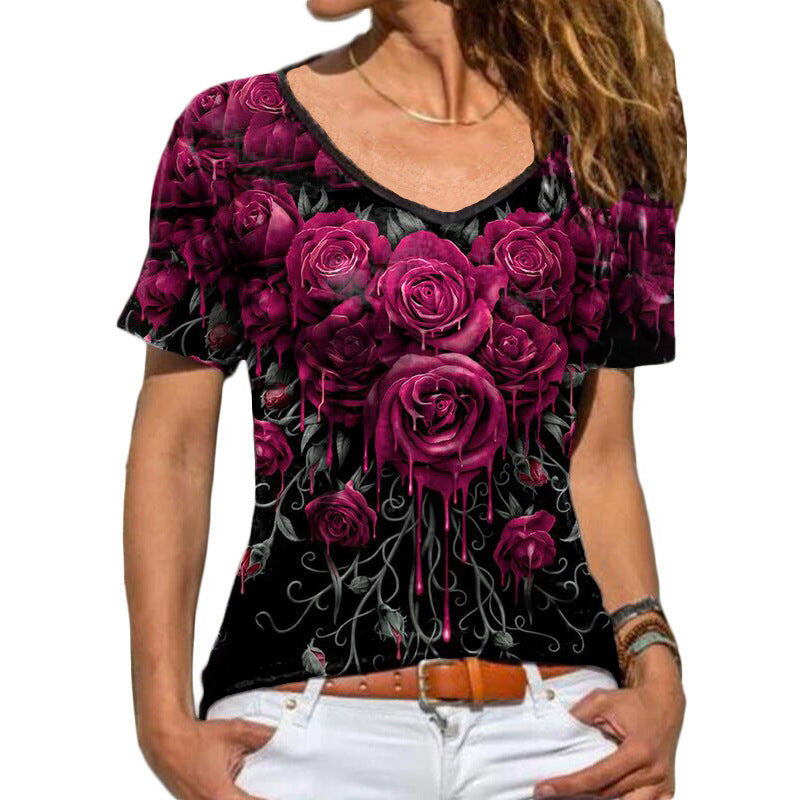 Casual V Neck Short Sleeve Bodycon Floral T Shirt