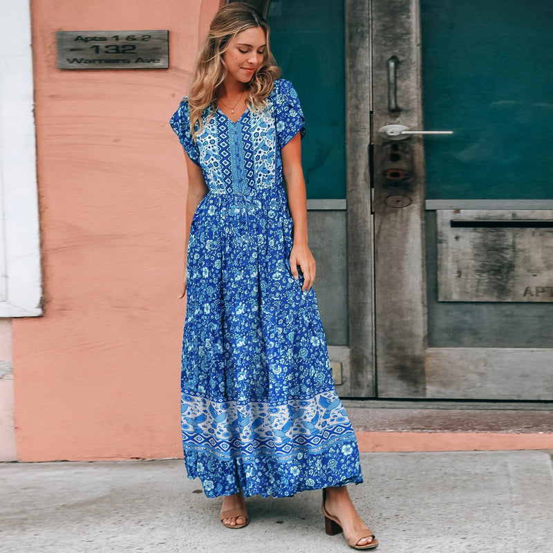 Short Sleeve Floral V Neck Maxi Dress