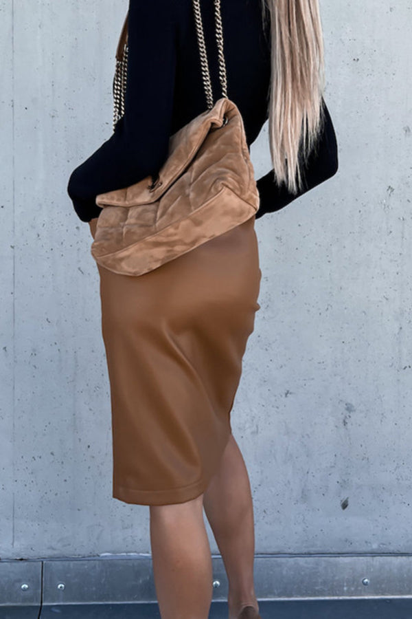 PU Tie Belt Slit Midi skirts