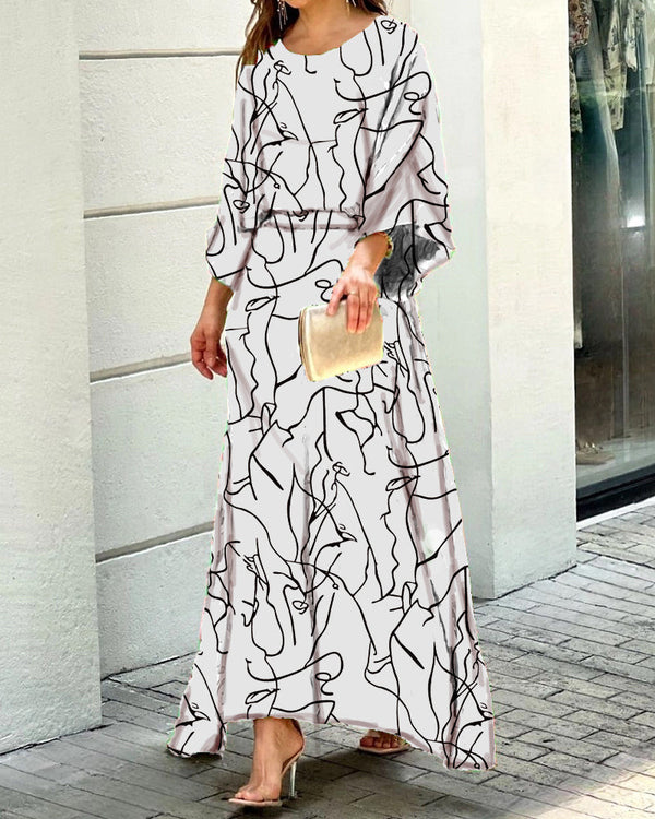 Elegant Round Neck Print Loose Maxi Dress