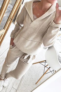 V Neck Pockets Hoodie Jogger Set