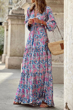 Boho Paisley V Neck Long Sleeve Maxi Dress