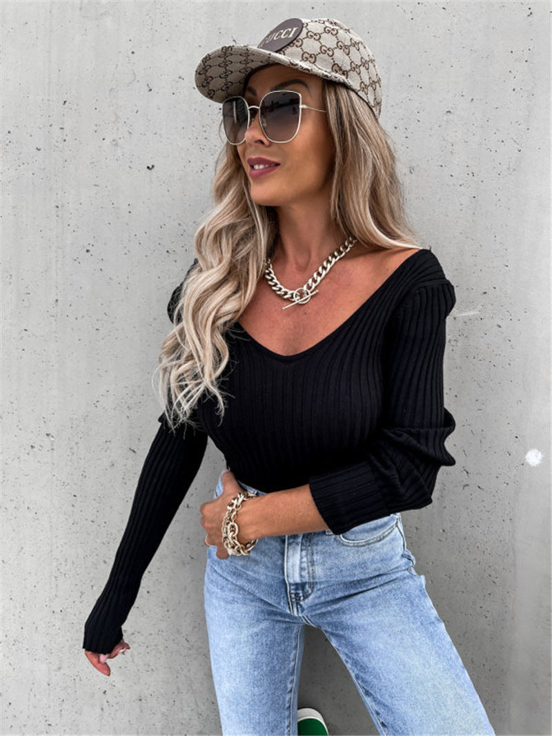 Solid Color V Neck Long Sleeve Top