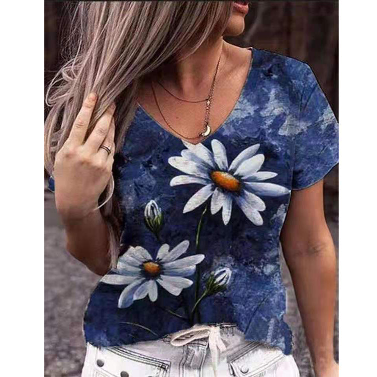 Floral Short Sleeve V Neck T Shirt Top