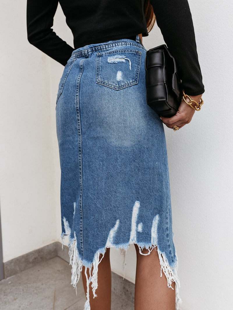 High Waisted Cut Hem Distressed Stretchy Midi Jeans Skirt