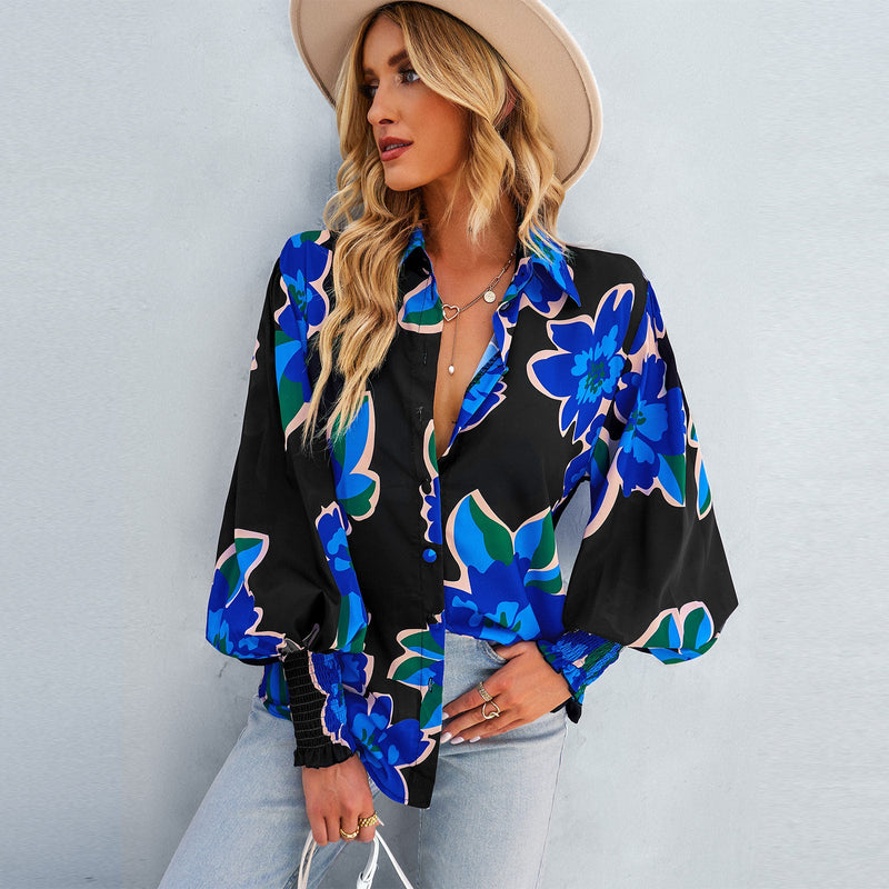 Loose Floral Print Long Sleeve Button Down Top Shirt