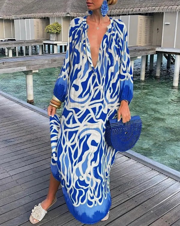 Deep V Neck Long Sleeve Color Blend Maxi Dress