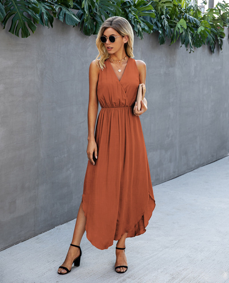 Sleeveless V Neck Side Split Maxi Dress