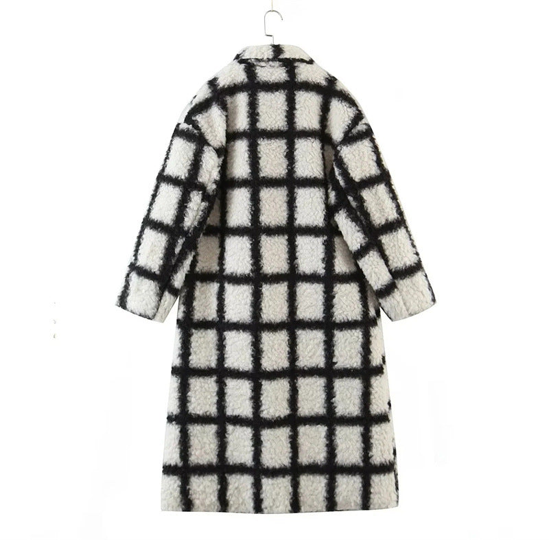 Turn Down Collar Long Sleeve Plaid Long Outerwear